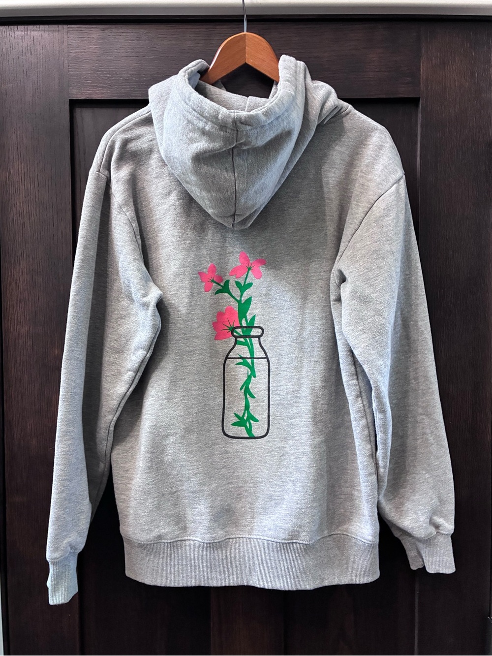Gray Hooded Sweatshirt with Pink Floral Bottle Graphic